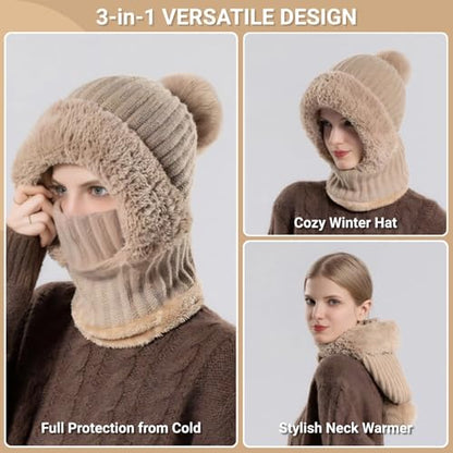 Women’s Knitted Beanie Hat with Face Cover - 3 in 1 Winter Balaclava with Mask Scarf Ear Muffs Pompom Fleece Lined Snow Caps - color: White-a
