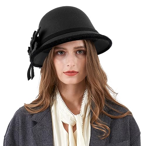 Ladies Wool Felt Bucket Hat Women Vintage Cloche Fedora Winter Church Bowler Hat with Bow - color: Black Flower