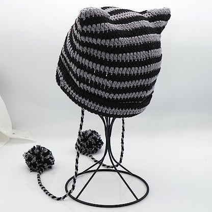 XYIYI Crochet Hats for Women Fox Knit Hat with Pompoms Grunge Goth Accessories Slouchy Beanies for Women Girls - color: Black Grey