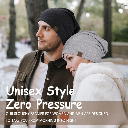 HAMUNI Slouchy Beanie for Men Women Soft Lightweight Chemo Headwear - color: Black