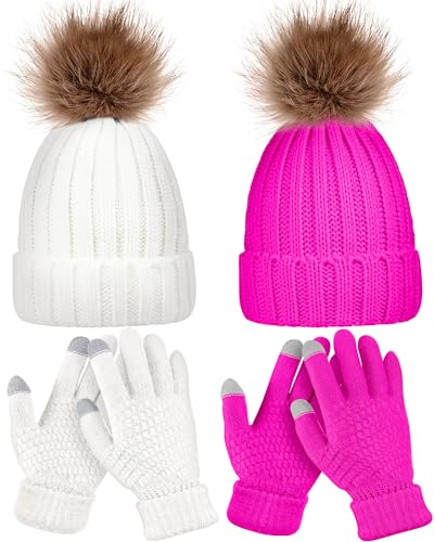 Syhood 4 Pcs Hat and Glove Set Winter Beanie and Glove Set - color: White and Pink