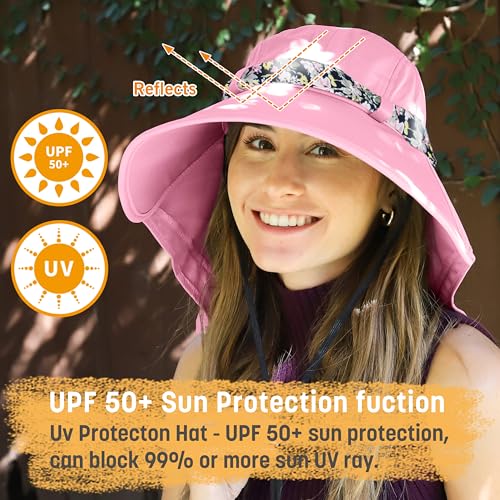 Solaris UPF 50+ Wide Brim Sun Hat for Women - Small Size Packable Lightweight, Floral Scarf Cooling Hat with Neck Flap - color: Pink-round