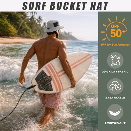 Surblue Surf Bucket Hat with Widened Chin Straps UPF 50+ Windproof Sun Hat Adjustable Packable Cap for Water Sports Surfing - color: Lightgray