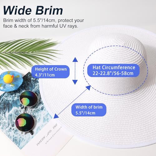 AQOKKA Sun Hats for Women Big Straw Wide Brim Summer Beach Hat Floppy Foldable Roll up Cap for Outdoor UPF 50+ - color: Wide Brim : White