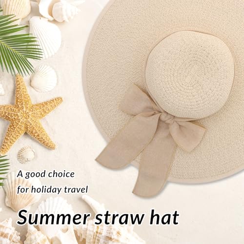Oweisong Sun Beach Hats for Women Trendy Summer Vacation Straw Hat Boho Bow Wide Brim Packable Hat - color: Begie