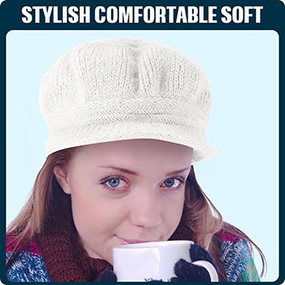 Mepase 3 Pieces Women Warm Hat for Winter Slouchy Beanie Cap with Visor Knitted Newsboy Hats for Women Ski Snow - color: Black, White, Khaki