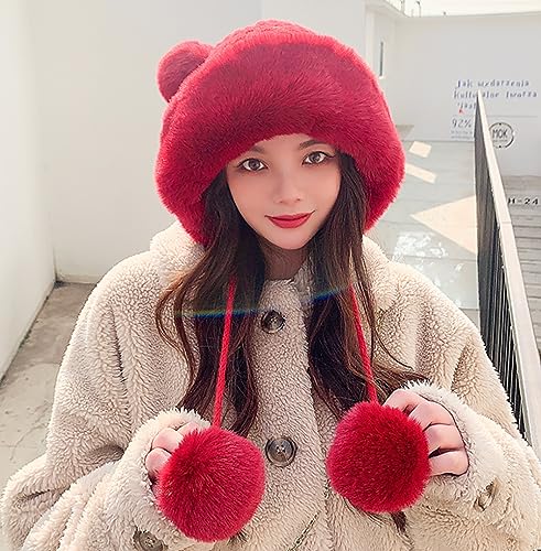 Winter Pompom Beanie Hats Women Knit Womens Beanie Faux Fur Crochet Skull Cap Warm Bucket Outdoor Ear Cover - color: Red