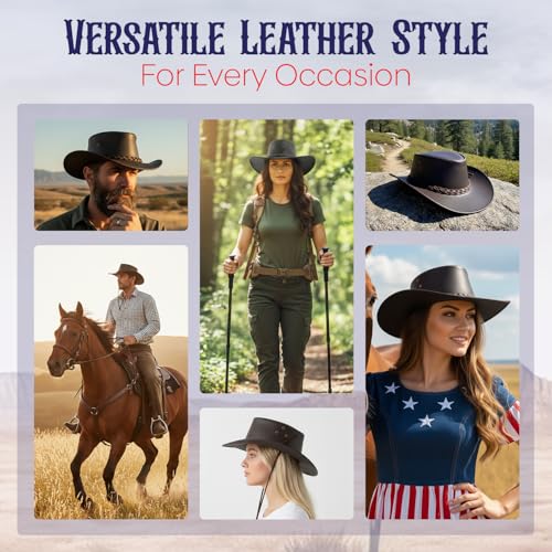 Equine Care Leather Cowboy Hat for Men & Women, Genuine Leather Western - color: Dark Brown, size: 7 1/4-7 3/8