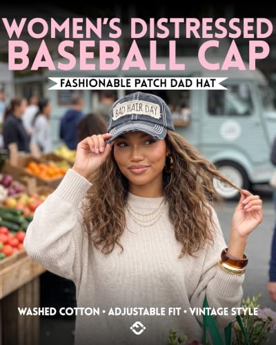 Funky Junque Distressed Baseball Cap, Vintage Embroidered Dad Hat - color: Bad Hair Day - Black