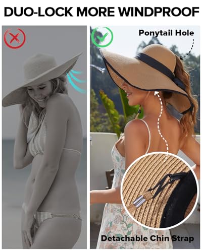 Sun Beach Hats for Women with Ponytail Hole, Floppy Wide Brim Beach Hat, Straw Summer Packable Sunhat Foldable Sun Protection - color: Khaki, size: Medium