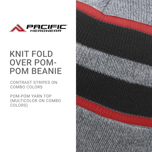Pacific Headwear Unisex Adult Pacific Headwear Knit Fold Over Pom-pom Beanie - color: Heather/Black/Red, size: One Size