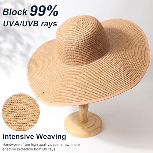 DRESHOW Big Straw Sun Hats for Women Floppy Foldable Roll up Beach Cap Sun Hat UPF 50+ Vacation Honeymoon Embroidered Hat - color: 1 Pack Medium Size: Khaki (Head Circumference 22-22.8")