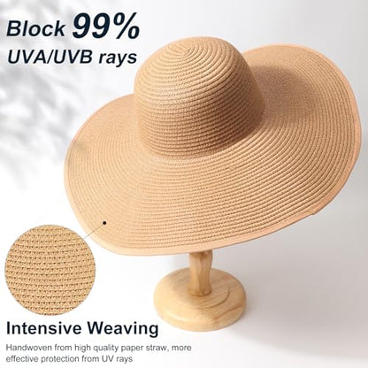 DRESHOW Big Straw Sun Hats for Women Floppy Foldable Roll up Beach Cap Sun Hat UPF 50+ Vacation Honeymoon Embroidered Hat - color: 1 Pack Medium Size: Khaki (Head Circumference 22-22.8")