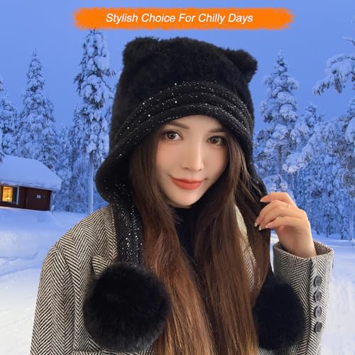 HUAMULAN Women Winter Sherpa Knit Beanie Hats with Pom Poms Ear Flaps - color: Black