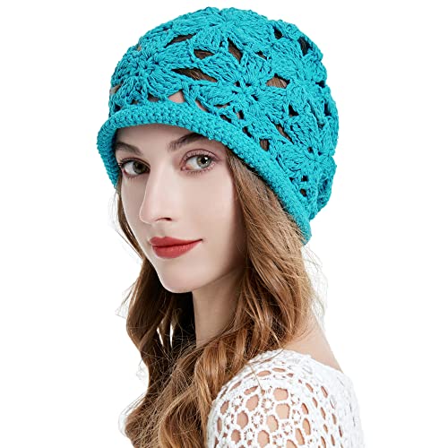 ZLYC Women Cotton Crochet Slouchy Beanie Hat Handmade Knit Summer Skull Cap - color: Crochet Peacock Blue