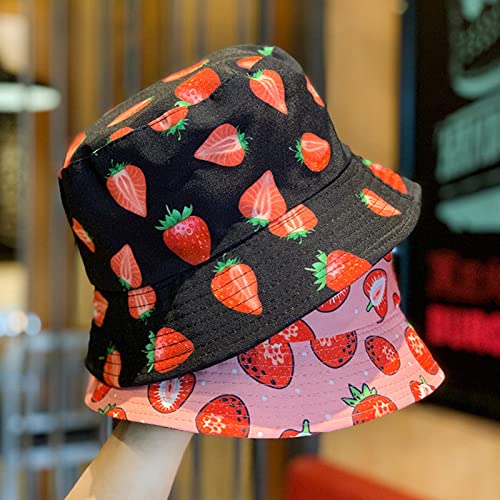 Unisex Print Bucket Hat Sun Hat for Women Men,Reversible Cotton Summer Beach Hat Fisherman Hat - color: Strawberry