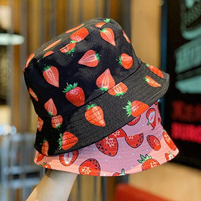 Unisex Print Bucket Hat Sun Hat for Women Men,Reversible Cotton Summer Beach Hat Fisherman Hat - color: Strawberry