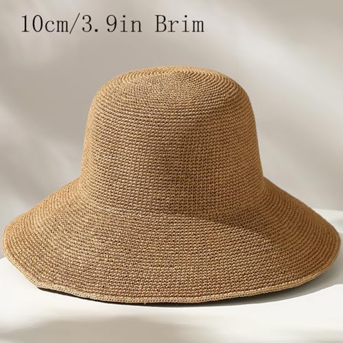Women Straw Sun Hat Summer Beach Hats Foldable Floppy Cap Wide Brim Bucket Hat Solid Handmade Sun Protection Caps - color: Khaki
