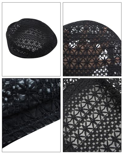 Women Lightweight Beret Floral Hollow Out Hat Breathable French Beret Beanie Hat Cap for Spring Summer - color: Black Lace 1#