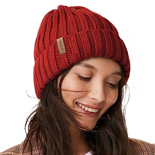 Fleece Lined Beanie Cable Knit Chunky Beanies Womens Snow Cap - color: Wine Red