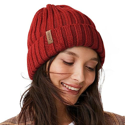 Fleece Lined Beanie Cable Knit Chunky Beanies Womens Snow Cap - color: Wine Red