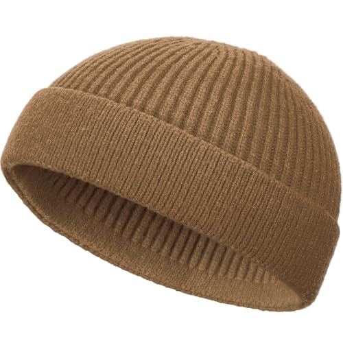 Wool Fisherman Beanie for Men Wome, Thin Knit Winter Hats Skull Cap - color: Khaki