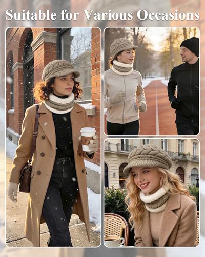 Loritta 3 in 1 Womens Winter Hat Gloves Scarf Set, Warm Hat Mittens - color: Coffe