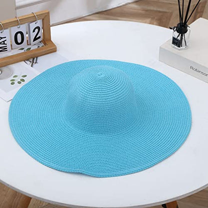Big Beach Hats for Women Foldable Summer Wide Brim Packable Oversized Sun Hat Lady Girl Travel Straw Cap - color: Light Blue