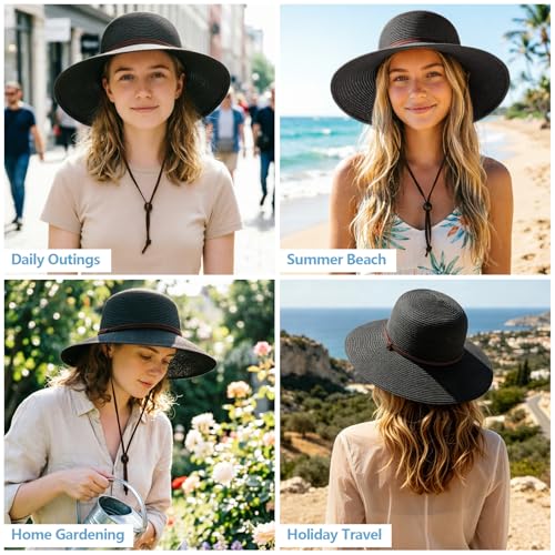 DRESHOW Womens Summer Straw Sun Hat Wide Brim Bucket Hats Fedora Hat Panama Beach Hat with Chin Strap UPF 50+ - color: Straw Hat With Wind Lanyard: Black