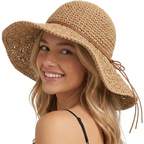 Beach Sun Straw Hats for Women Floppy Wide Brim UV Packable Summer - color: Khaki - Pineapple Knitted