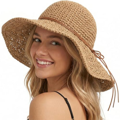 Beach Sun Straw Hats for Women Floppy Wide Brim UV Packable Summer - color: Khaki - Pineapple Knitted