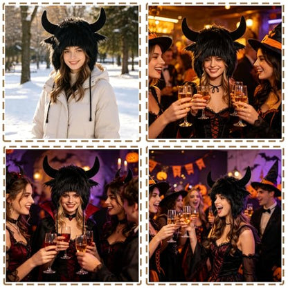 XGOPTS Winter Faux Fur Plush Hat with Horns Warm Animal Horn Ox Earflap Hat - color: Black