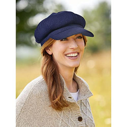 Women’s Newsboy Cap Wool Blend Retro Solid Color Girls Fashion Gatsby Cabbie Visor Beret Hat - color: Navy