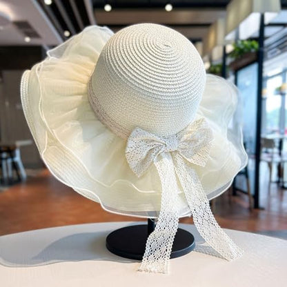 Women Summer Straw Hat Sun UV Protection Wide Brim Breathable Beach Visor Hats - color: Pale Yellow