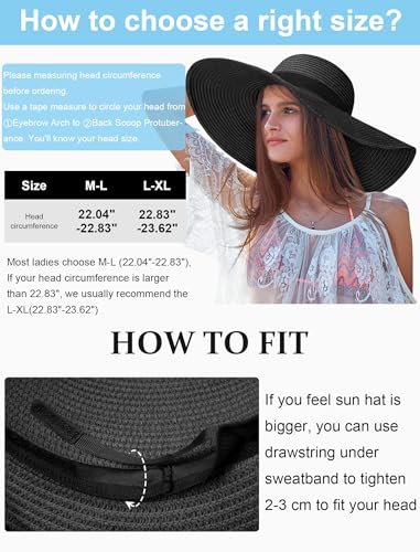 Floppy Sun Hats for Women, Summer Wide Brim Straw Beach Hat - color: Black, size: Large