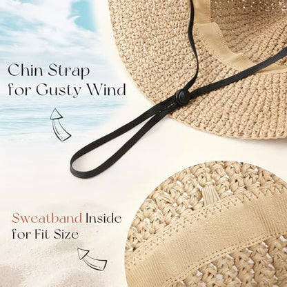 Beach Sun Hats for Women, Wide Brim Straw Hat, UPF 50+ UV Protection - color: Beige - Shell