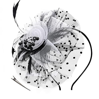 AQOKKA Women Fascinators Hats Flower Fascinators with Headband and Clip Tea Party Headwear for Women and Girls - color: 1 Pc 7" Diameter / Black White