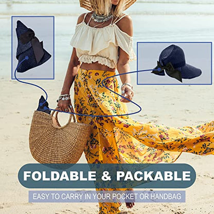 Straw Sun Visor for Women, Wide Brim UPF 50+ Protection Beach Hat, Adjustable, Roll Up Foldable Ponytail Cap with Chin Strap - color: A Navy