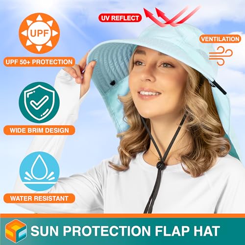 SUN CUBE Wide Brim Sun Hat with Neck Flap for Men Women, UPF50+ Fishing - color: Light Blue