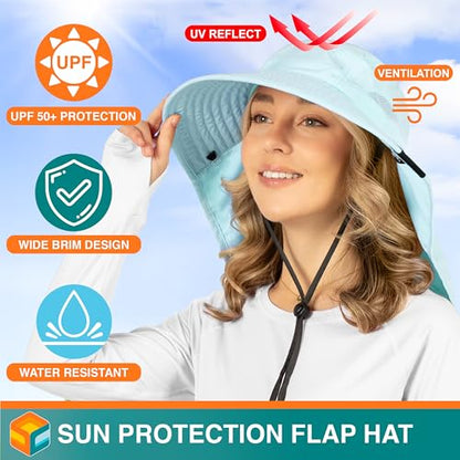 SUN CUBE Wide Brim Sun Hat with Neck Flap for Men Women, UPF50+ Fishing - color: Light Blue