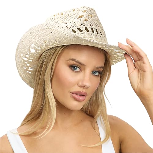 DRESHOW Straw Cowboy Cowgirl Hat for Women Men Western Coastal Cowboy Beach Hat with Shapeable Brim Unisex Rolled up Caps - color: Hollowed-out Straw Hat: Ivory White