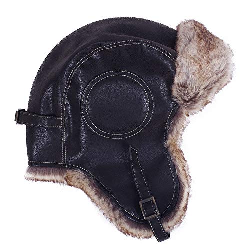 Janey&Rubbins Russian Hat Fur Soviet Ushanka Cossack Winter Cap Earflap Snow Ski Headwear - color: A - Black/Leather, size: Large