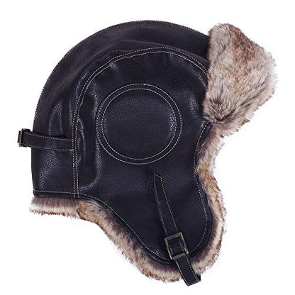 Janey&Rubbins Russian Hat Fur Soviet Ushanka Cossack Winter Cap Earflap Snow Ski Headwear - color: A - Black/Leather, size: Large