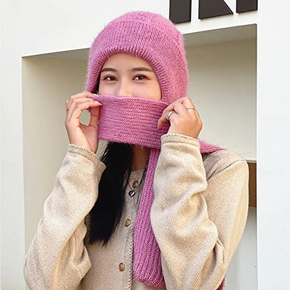 Winter Warm Elastic Soft Ear Protection Knitted Scarf Hat Fleece Lined Beanie Hat - color: H01-pink