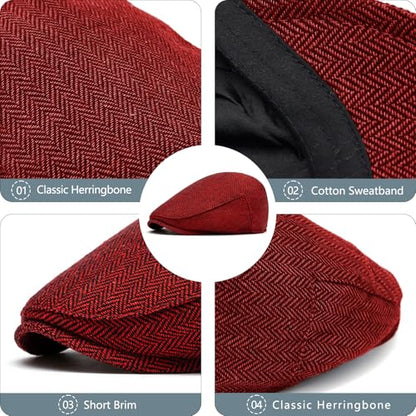 meioro Herringbone Flat Ivy Newsboy Cap for Men Classic Tweed Newsboy Hat Wool Blend Flat Cap Gatsby Cabbie Hats Ivy Caps - color: Red