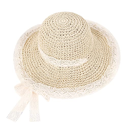 Women Wide Brim Straw Sun Hat Floppy Beach Cap UV Protection Crochet Bucket Hat Packable Summer Travel Hat with Lace Brim - color: Beige