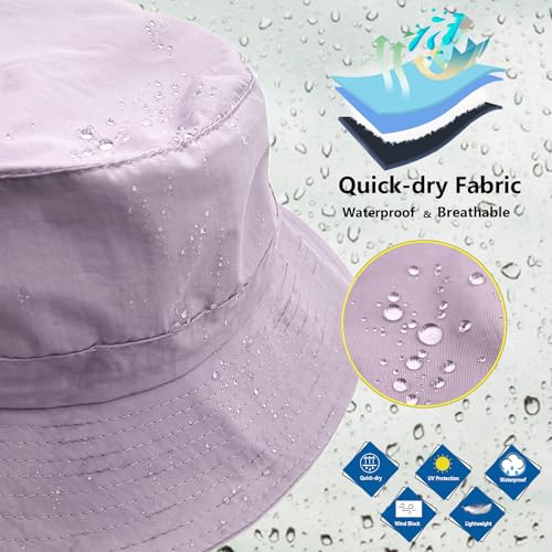 woogwin Waterproof Bucket Rain Hat with Chin Strap Quick Dry Packable Boonie Sun Hat Safari Hat UV Protection - color: Light Purple
