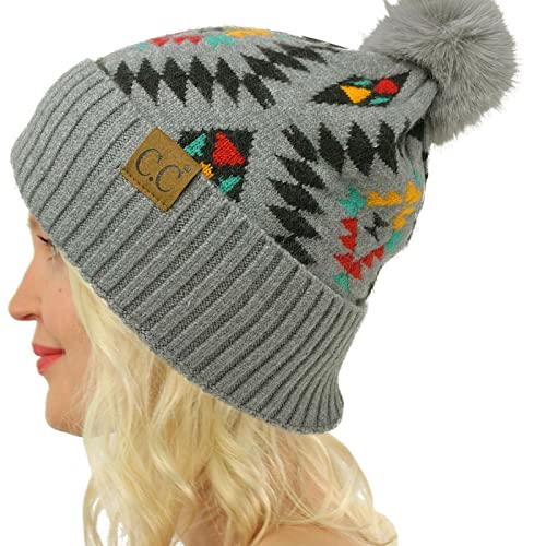 C.C Fur Pom Winter Fall Trendy Chunky Stretchy Cable Knit Beanie Hat - color: Aztec Lt. Gray