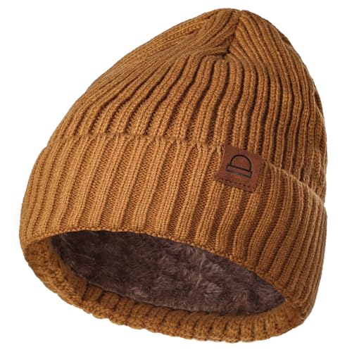 Fashion Knit Beanies Hats, Men Women Warm Beanie for Winter, Fleece Lined Beanie, Thermal Thick Snow Skull Cap - color: Brown