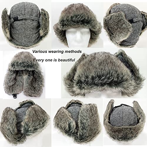 HEYANN Trapper Hat,Warm Faux Fur Trooper Ushanka Russian Bomber Eskimo Pilot Winter Hats with Ear Flaps for Men and Women - color: Greyganghua, size: Large